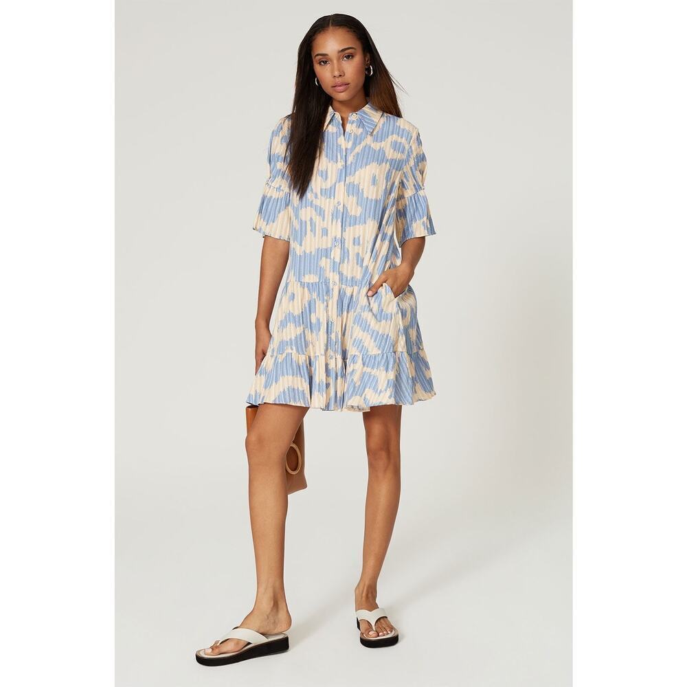 DIANE VON FURSTENBERG Blue Printed Shift Shirt Collar Neck Beata Dress Size 2